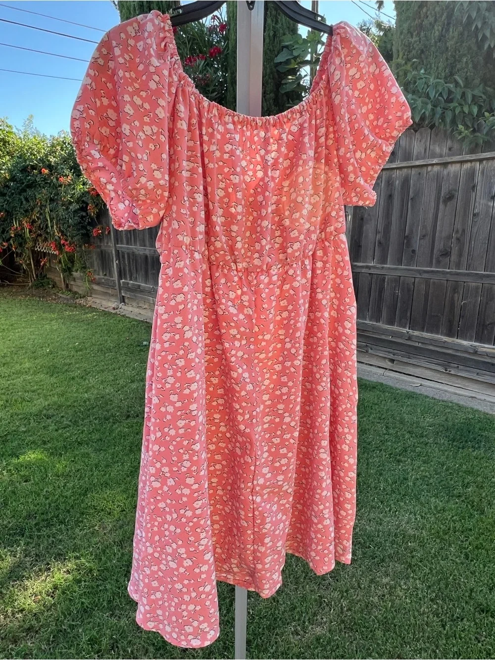 SHEIN Coral Pink Floral Puff Sleeve Dress with Tie Front